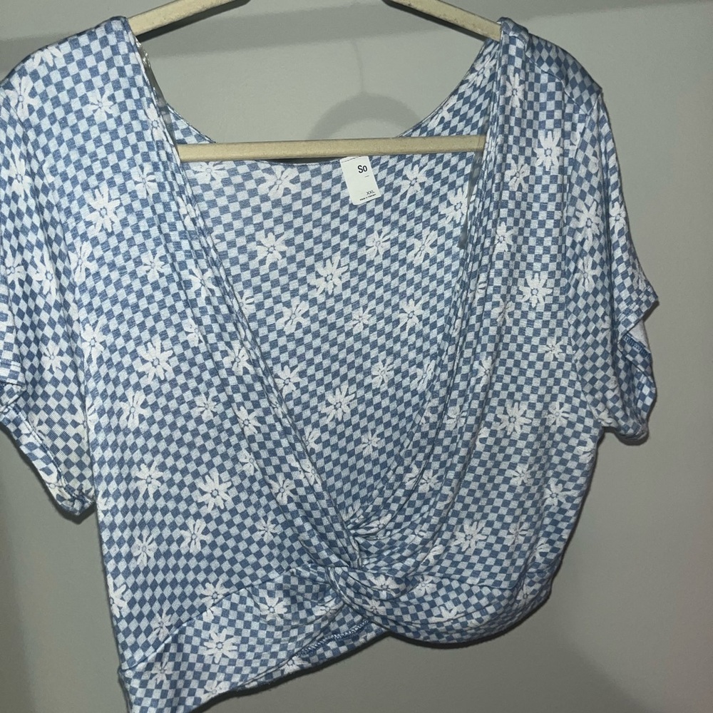 SO Blue and White Floral Checkered Crop Top